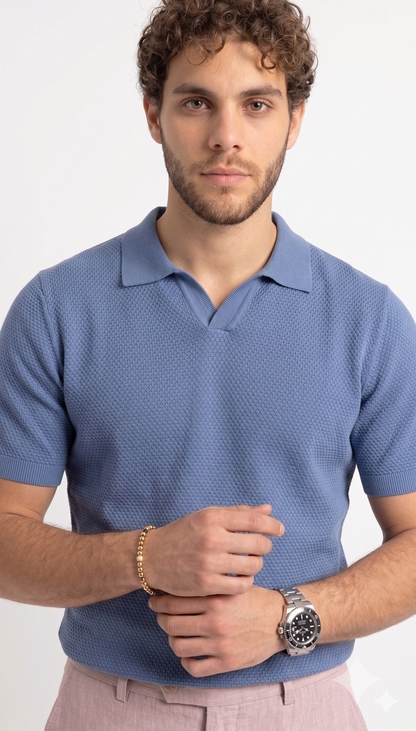 Textured Open Collar Polo - Dusty Blue