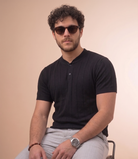 Vertical Rib Henley Knit - Black