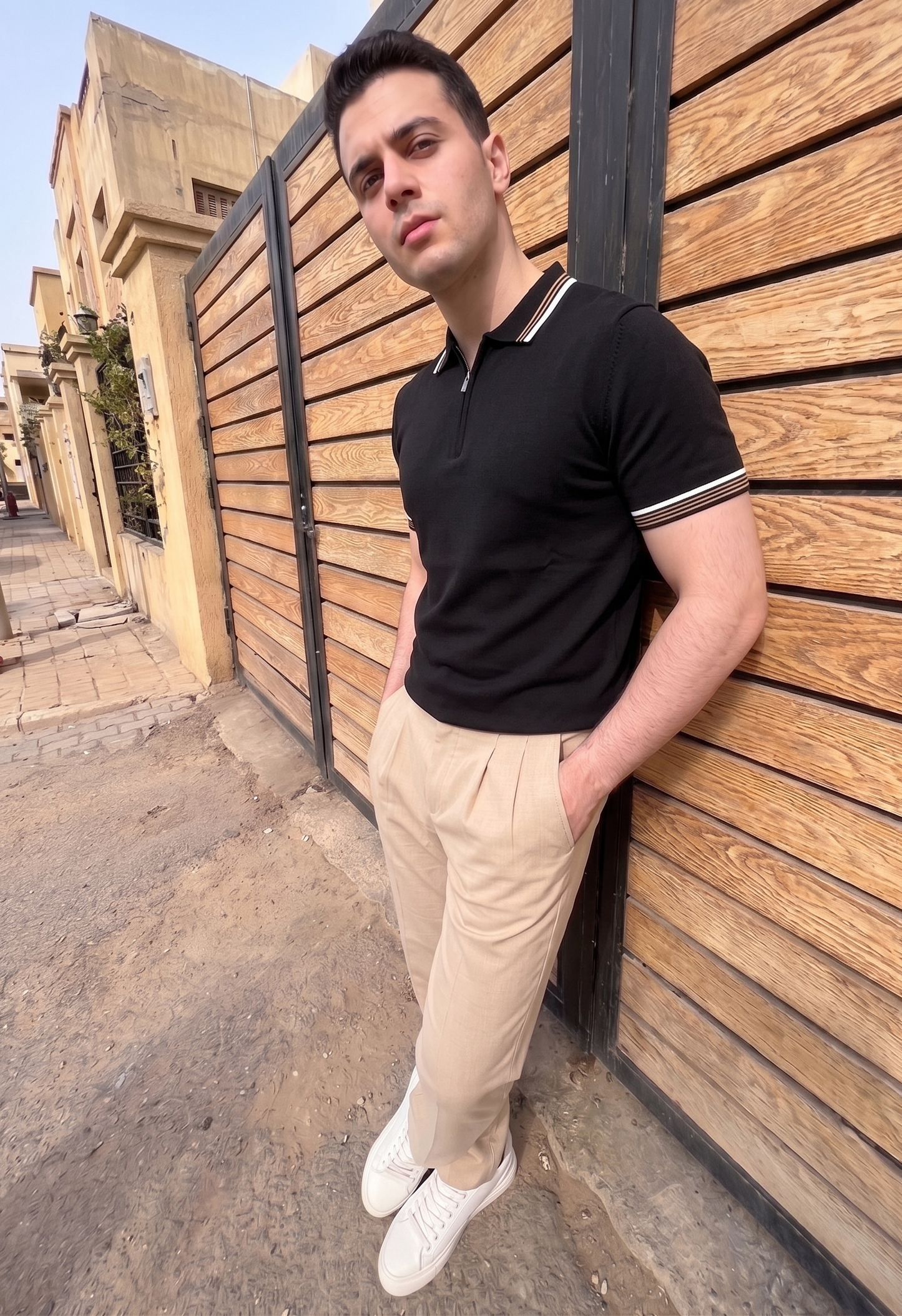 Tipped Half-Zip Knit Polo - Black