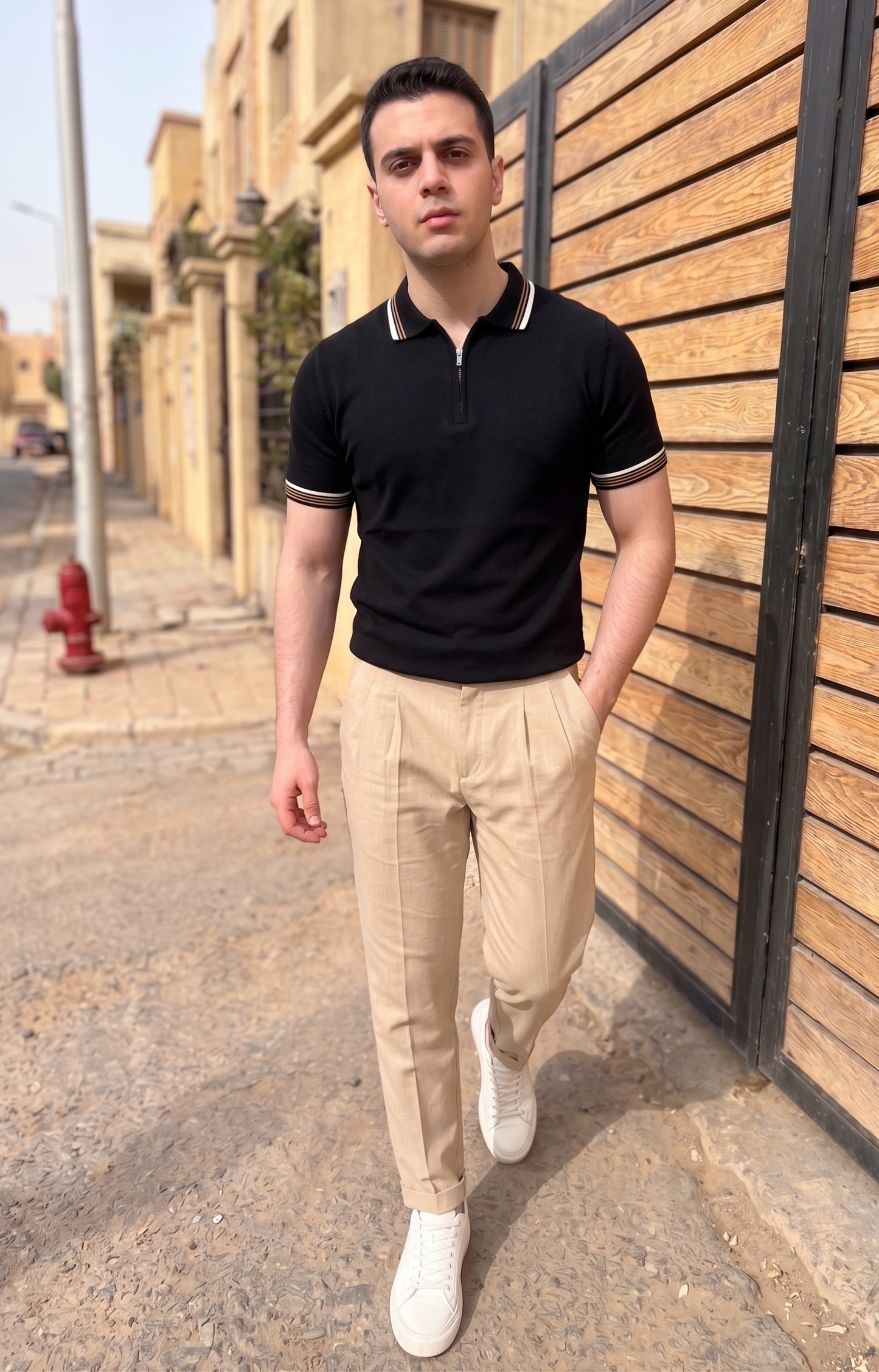 Tipped Half-Zip Knit Polo - Black