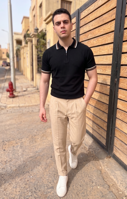 Tipped Half-Zip Knit Polo - Black