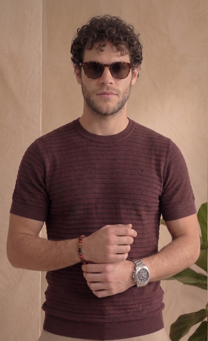 Horizontal Texture Knit T-Shirt - Burgundy