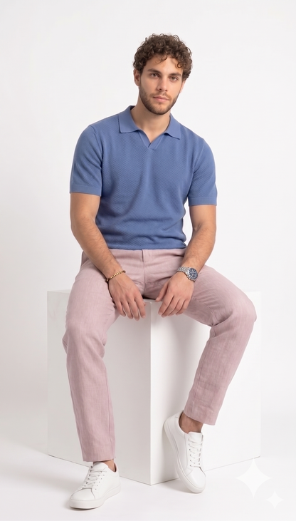 Textured Open Collar Polo - Dusty Blue
