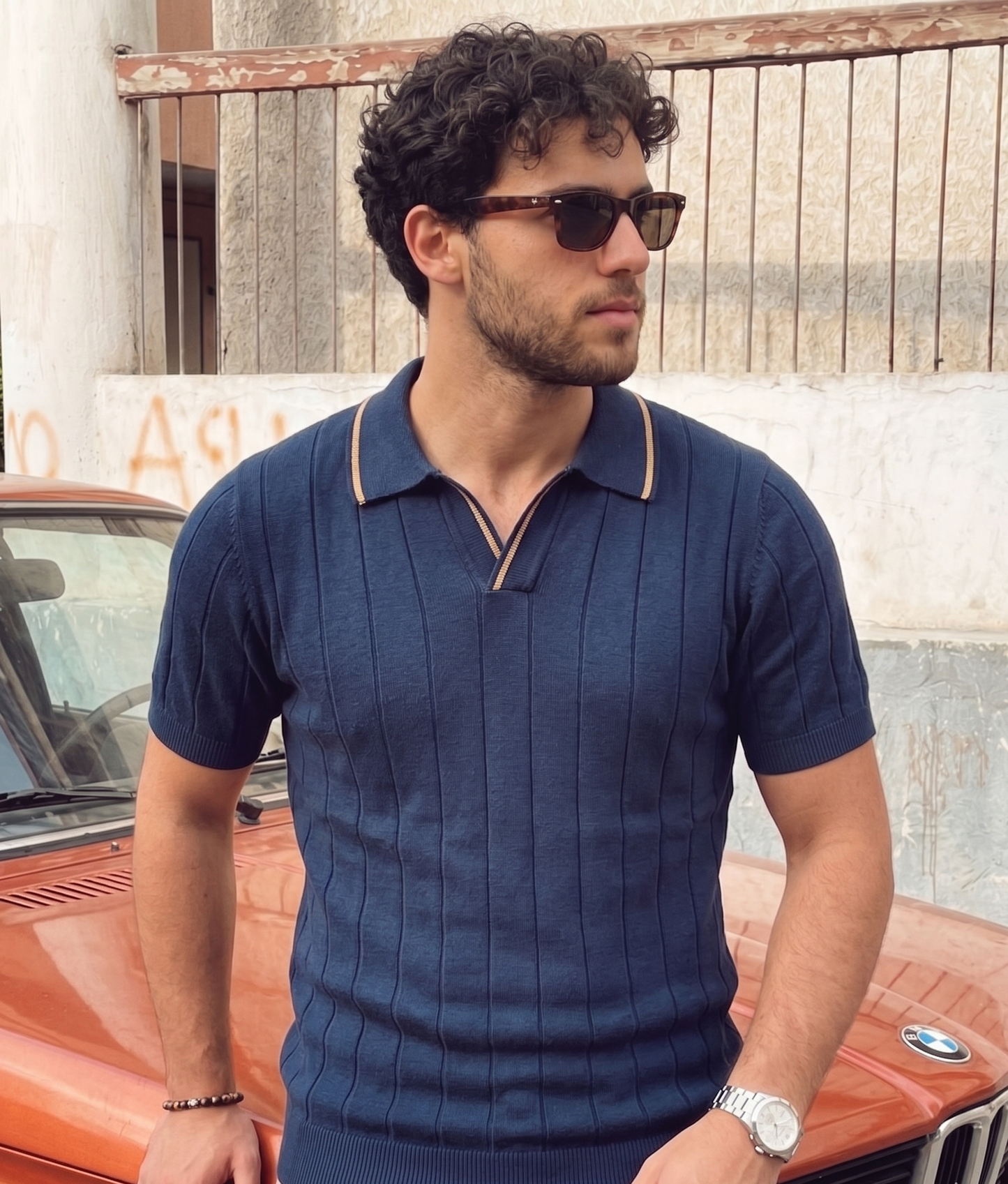 Tipped Vertical Rib Polo - Navy Blue