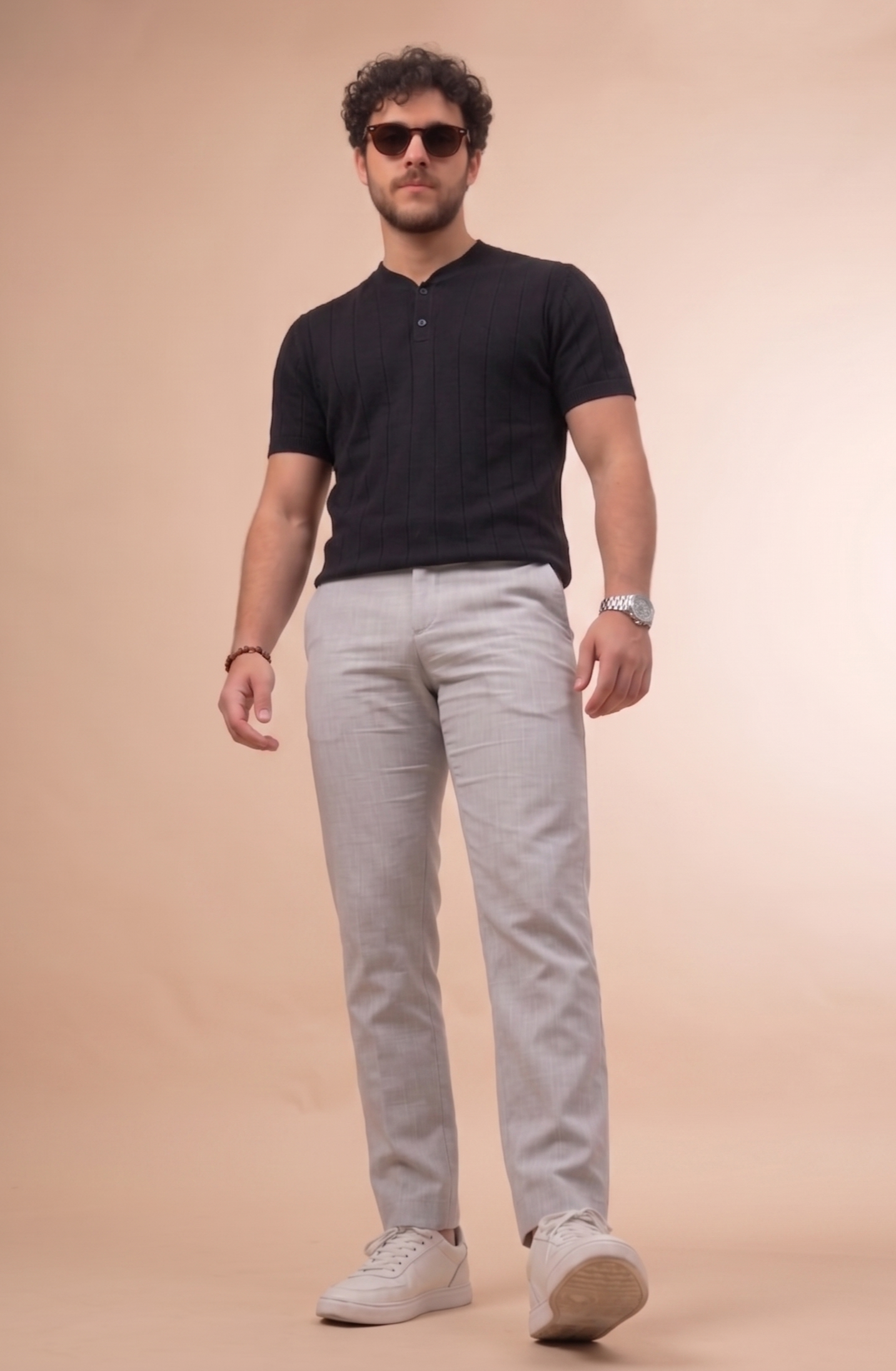 Vertical Rib Henley Knit - Black