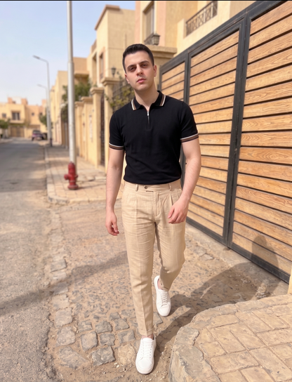 Striped-Collar Half-Zip Knit Polo - Black