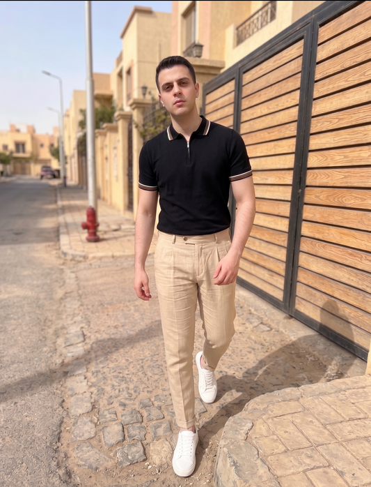 Striped-Collar Half-Zip Knit Polo - Black