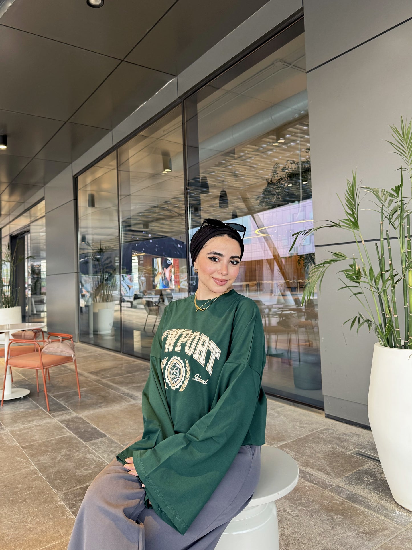 Printed Dark Green Oversized Long Sleeve T-Shirt (New Port)