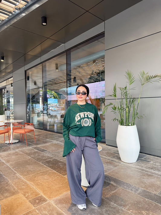 Printed Dark Green Oversized Long Sleeve T-Shirt (New Port)
