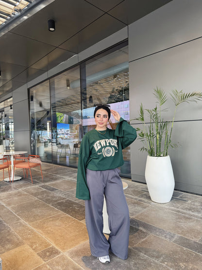 Printed Dark Green Oversized Long Sleeve T-Shirt (New Port)