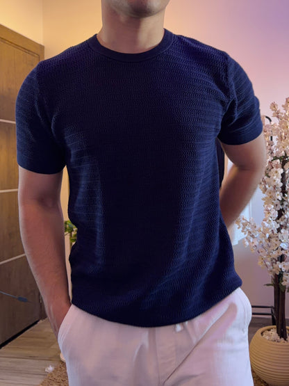 Horizontal Texture Knit T-Shirt - Deep Blue