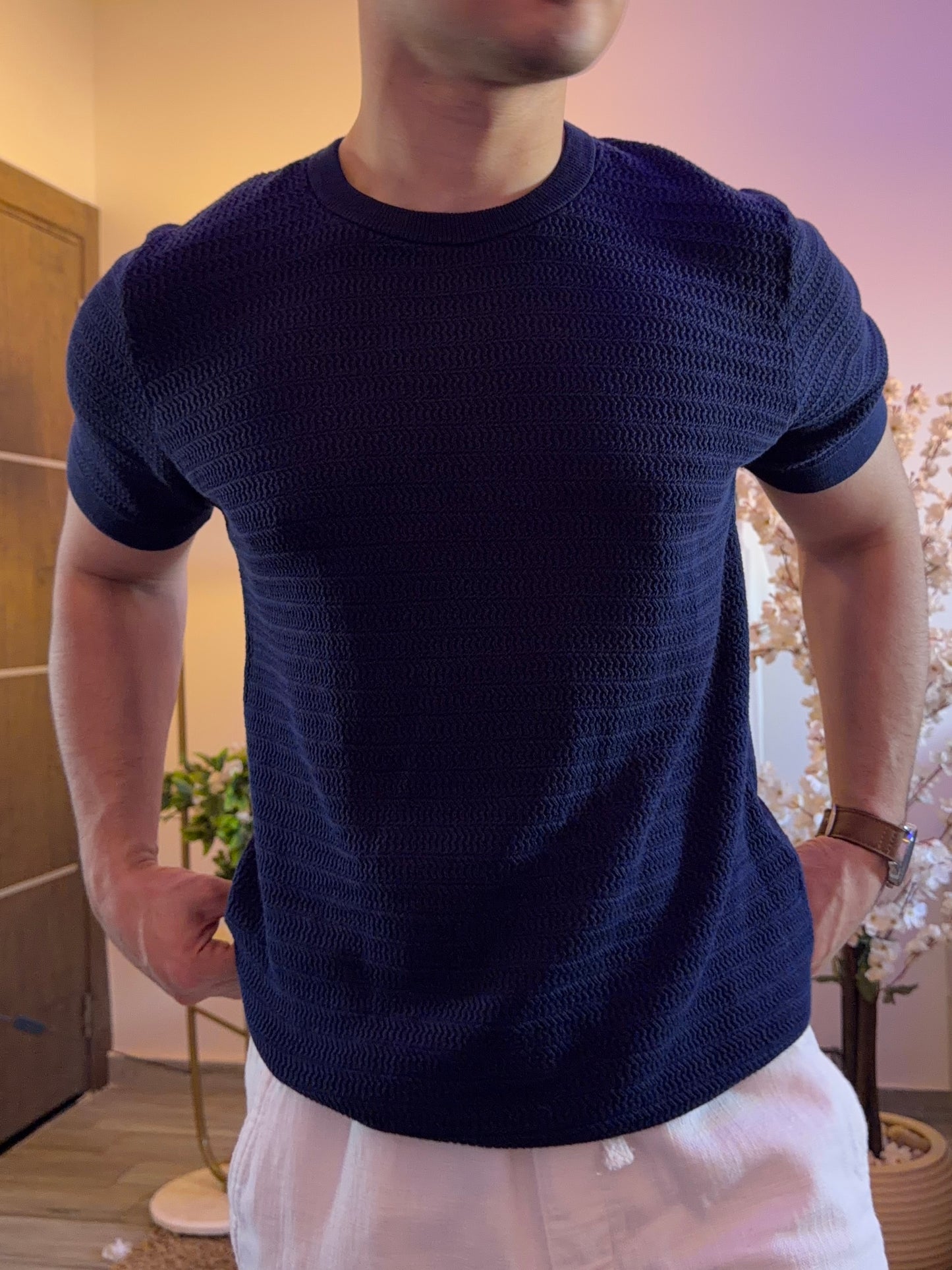 Horizontal Texture Knit T-Shirt - Deep Blue