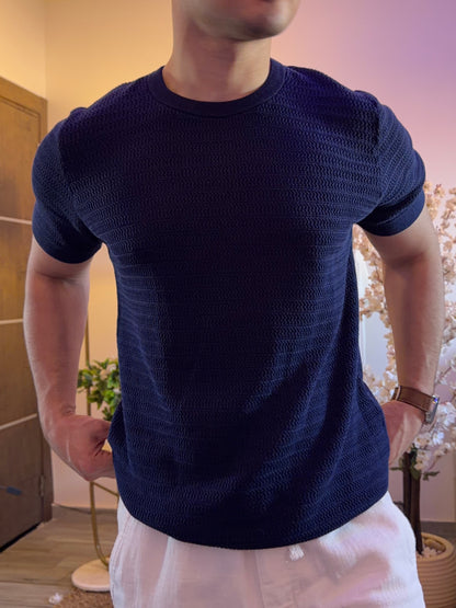 Horizontal Texture Knit T-Shirt - Deep Blue