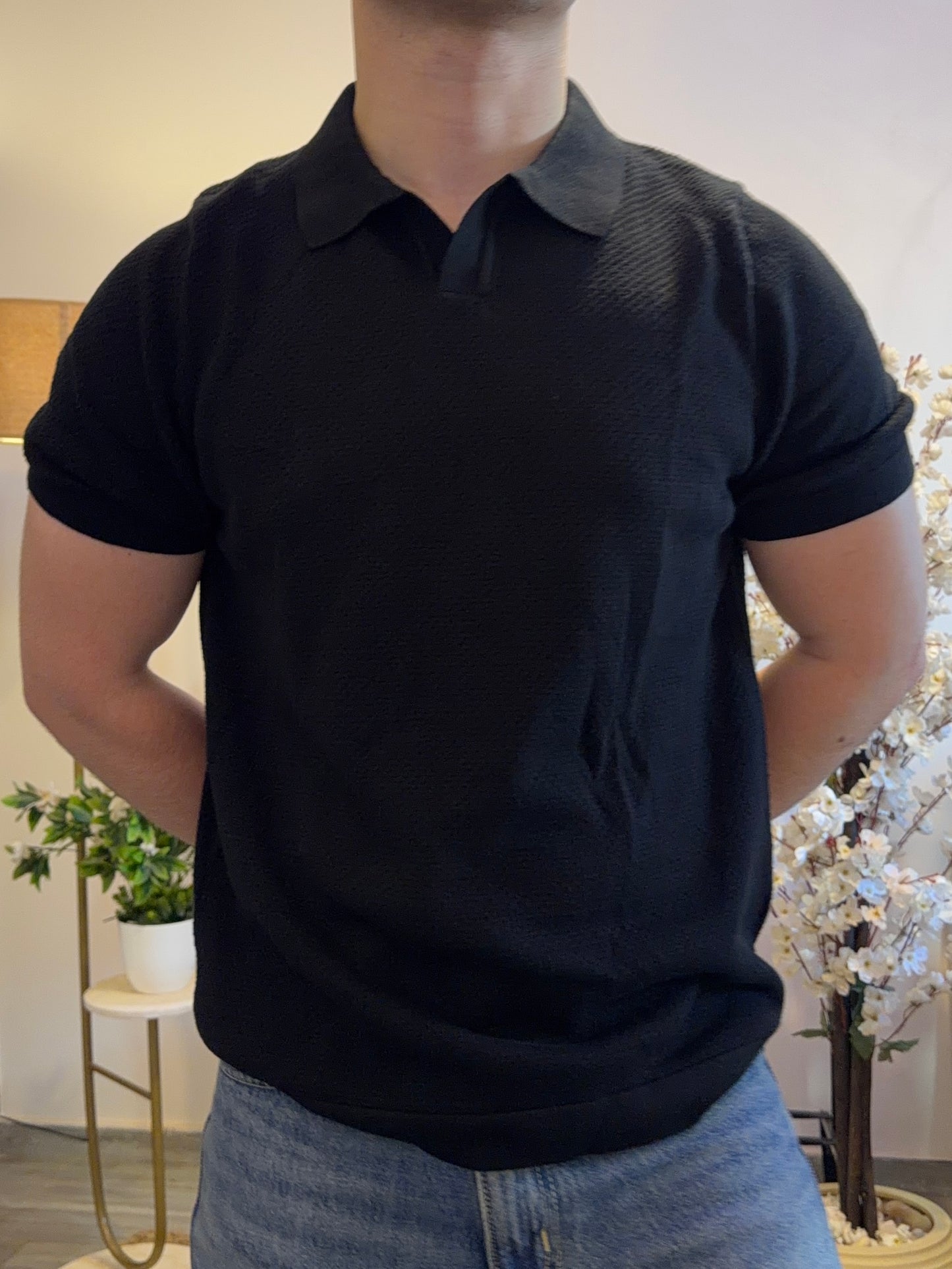 Textured Knit Polo - Black