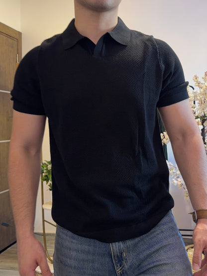 Textured Knit Polo - Black