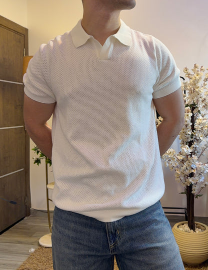 Open-Collar Knit Polo - White