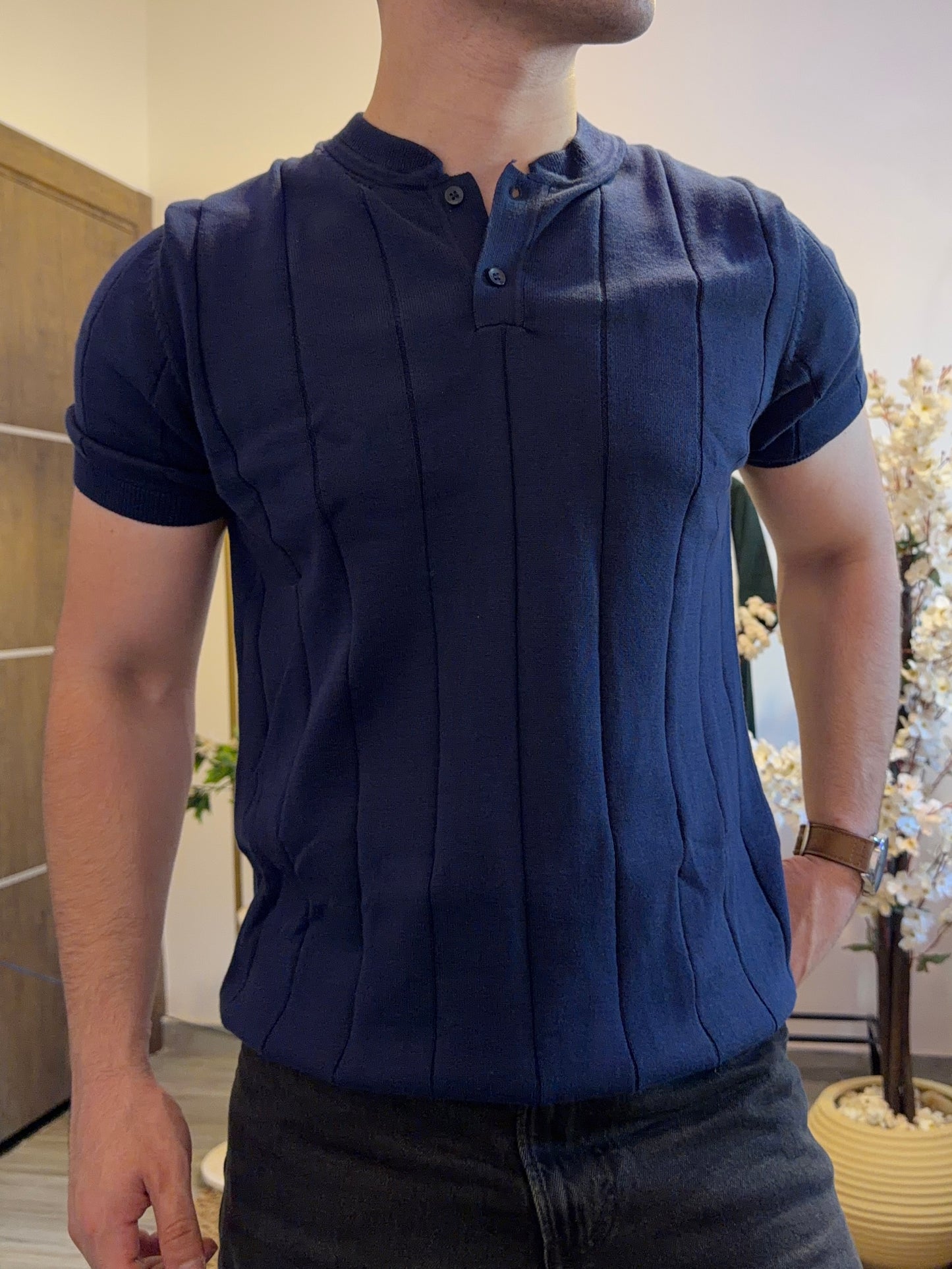 Vertical Rib Henley Knit - Navy Blue