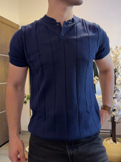 Vertical Rib Henley Knit - Navy Blue