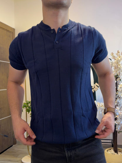 Vertical Rib Henley Knit - Navy Blue