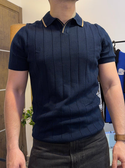 Tipped Vertical Rib Polo - Navy Blue