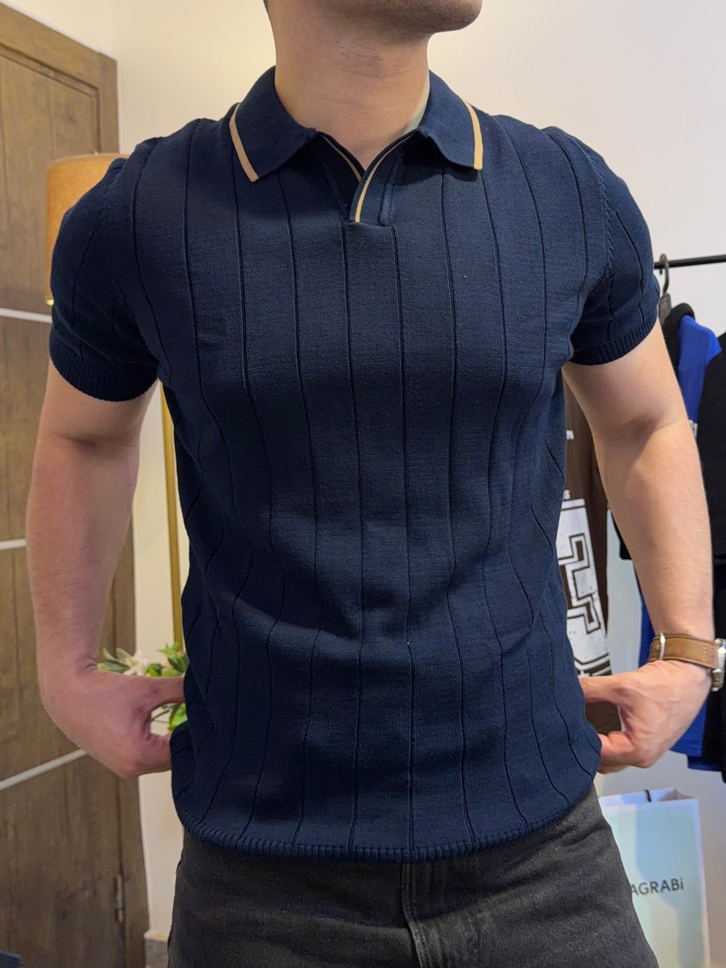 Tipped Vertical Rib Polo - Navy Blue