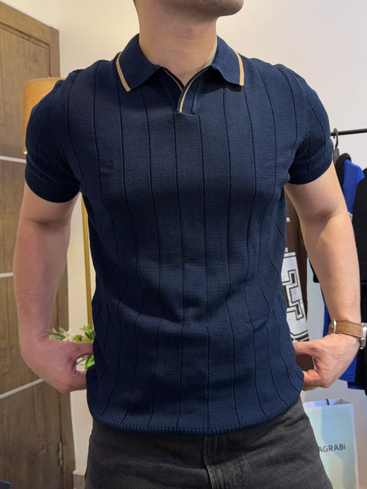 Tipped Vertical Rib Polo - Navy Blue