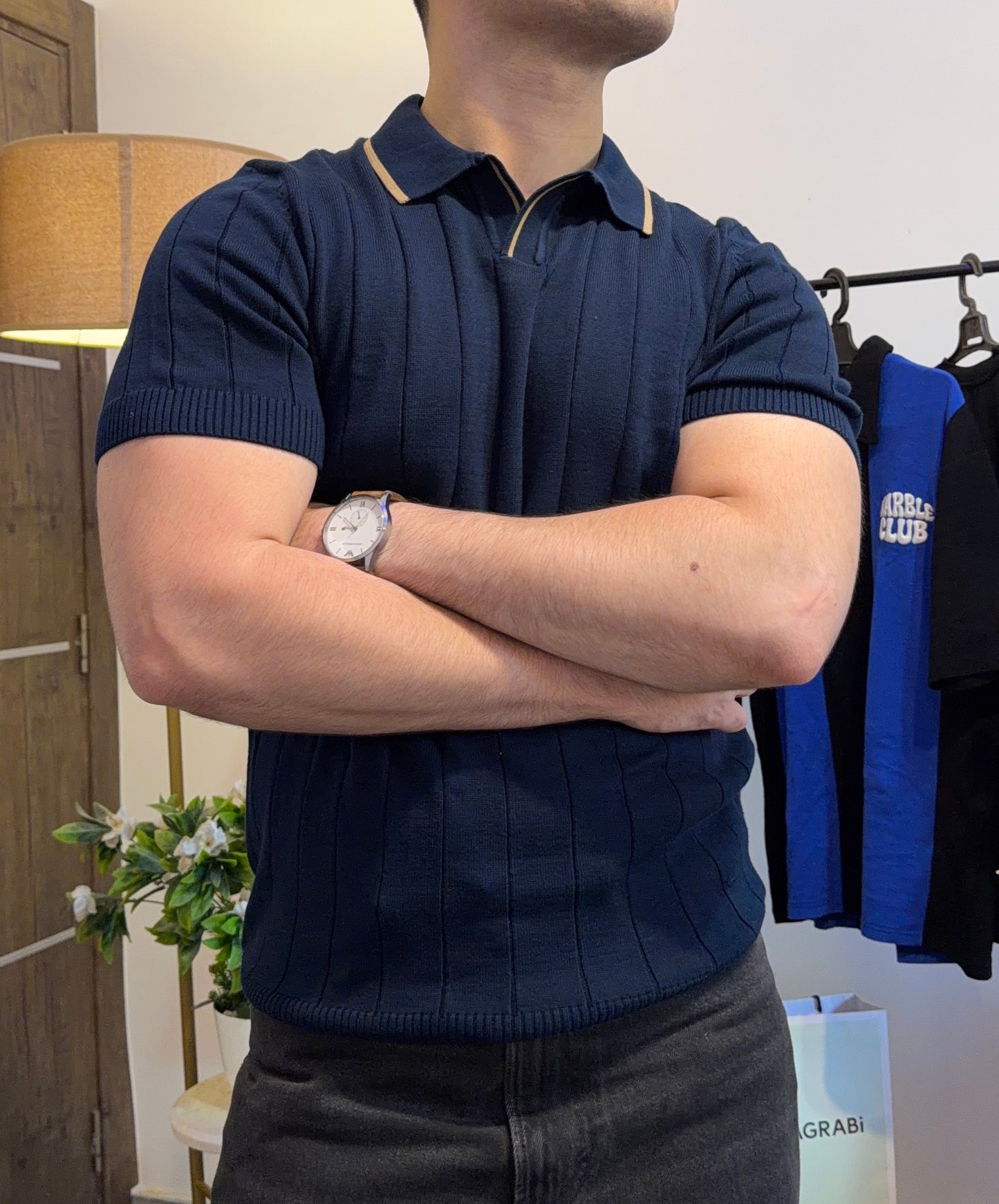 Tipped Vertical Rib Polo - Navy Blue
