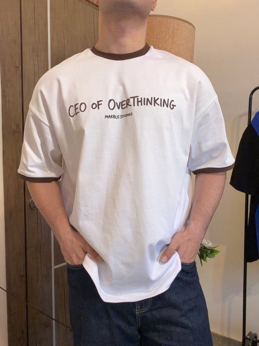 White & Brown “CEO OF OVERTHINKING” Ringer Oversized T-Shirt