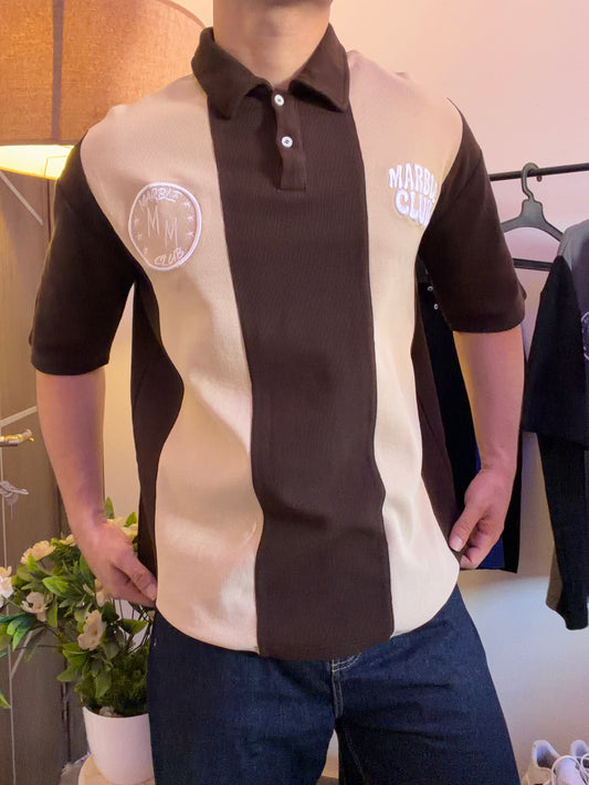 Beige & Brown “Marble Club” Oversized Polo T-Shirt