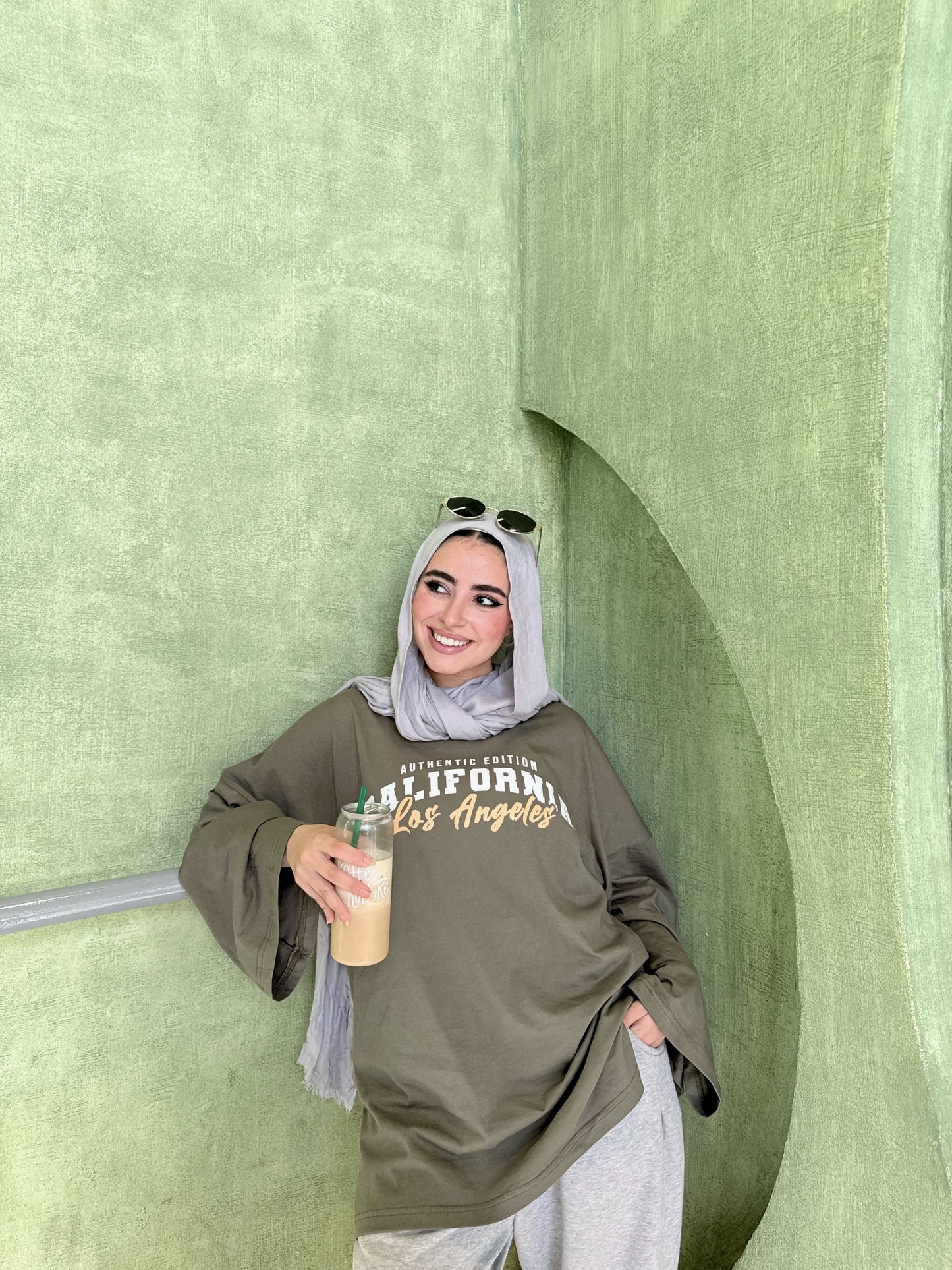 Olive Green “California Los Angeles” Oversized Long Sleeve T-Shirt