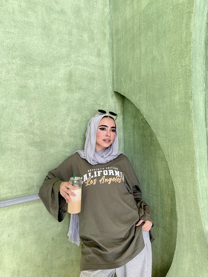 Olive Green “California Los Angeles” Oversized Long Sleeve T-Shirt