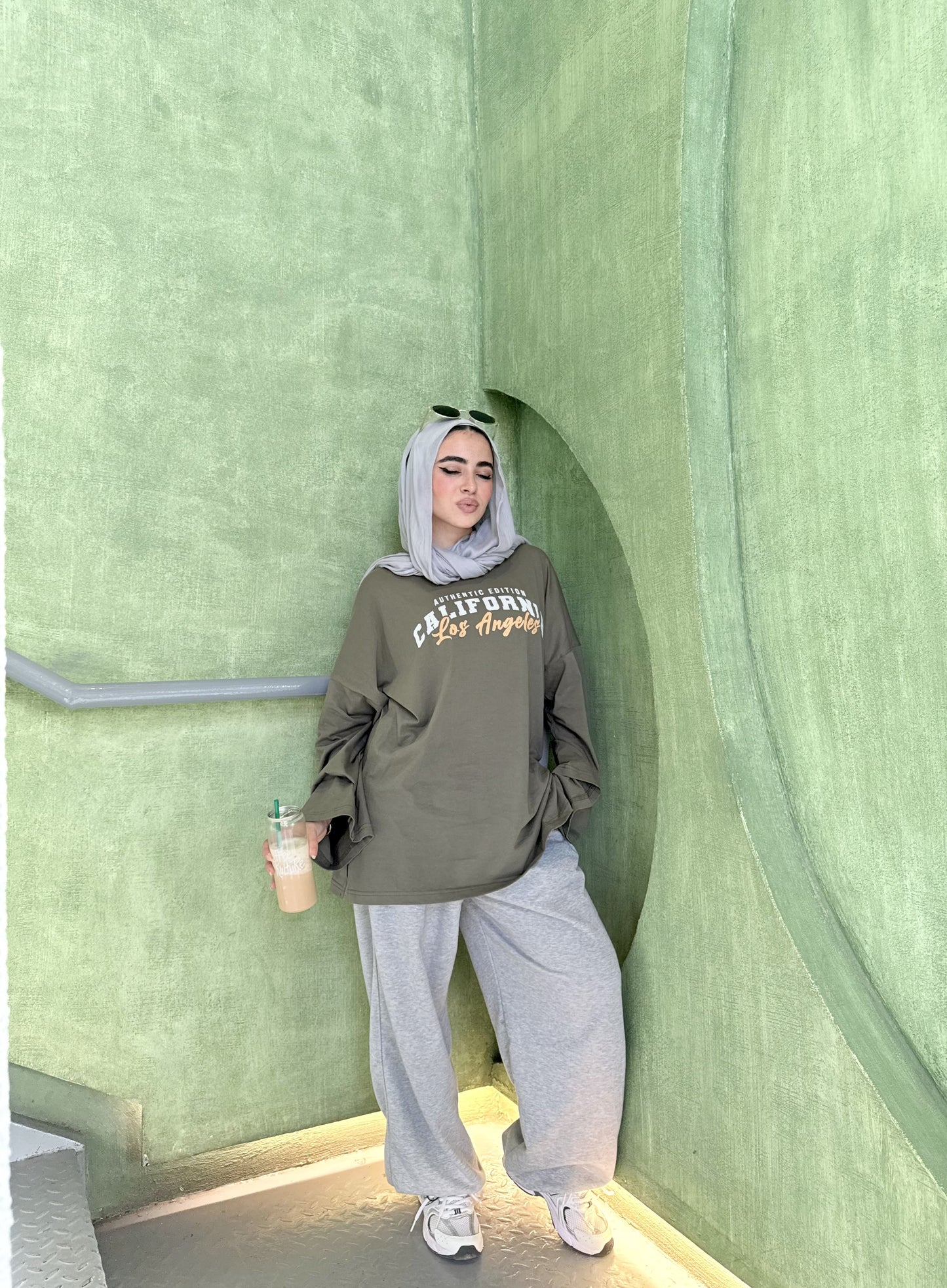 Olive Green “California Los Angeles” Oversized Long Sleeve T-Shirt