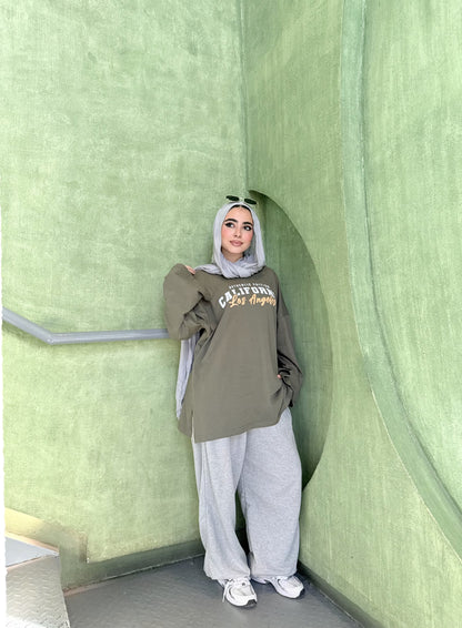 Olive Green “California Los Angeles” Oversized Long Sleeve T-Shirt