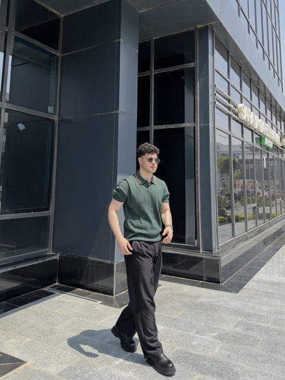 Textured Open Collar Polo - Forest Green