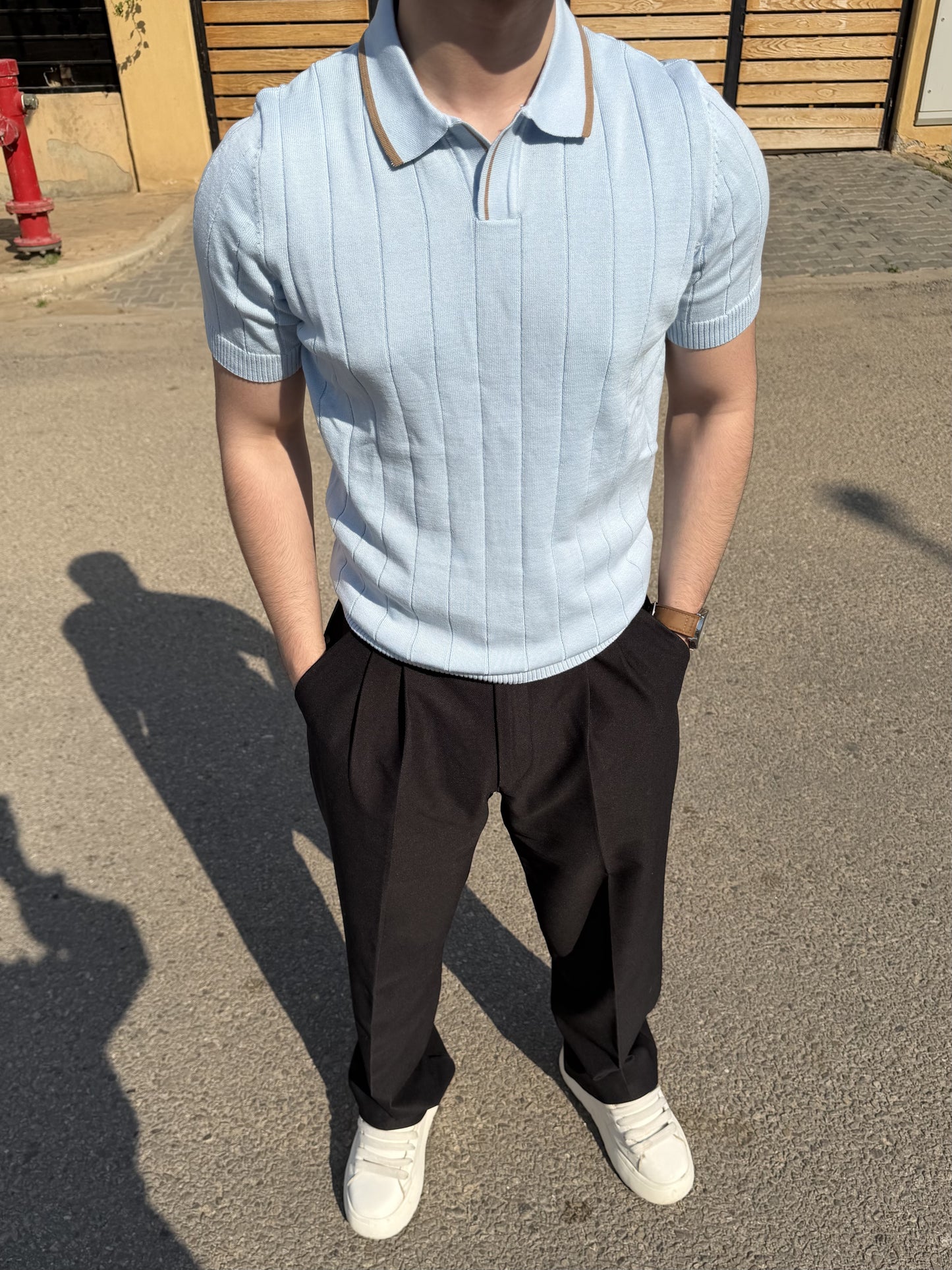 Textured Half-Zip Polo - Sky Blue