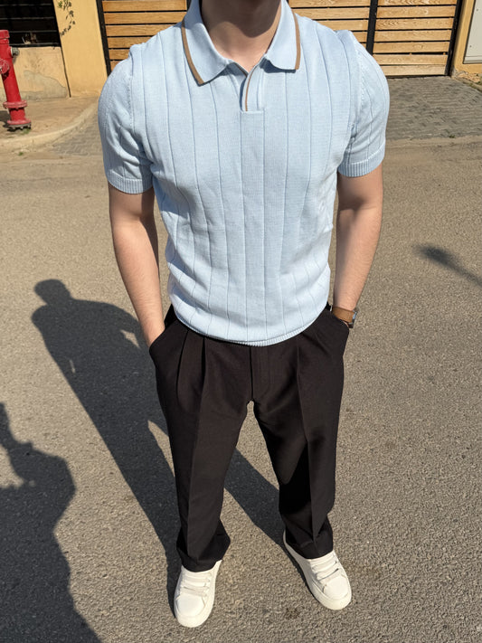 Textured Half-Zip Polo - Sky Blue