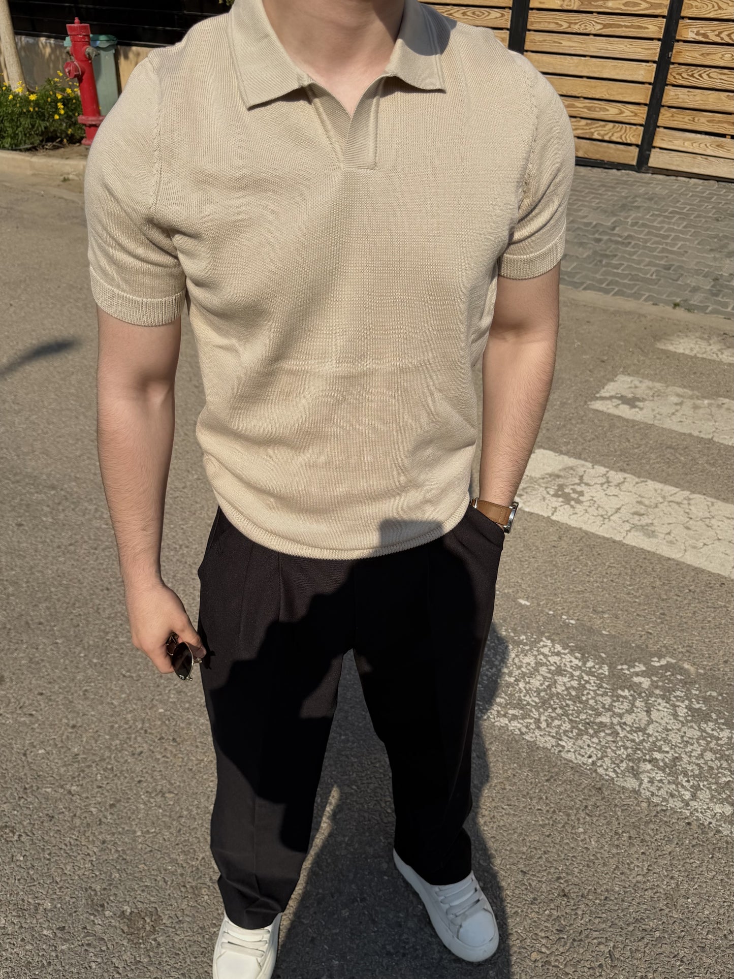 Open Collar Knit Polo - Beige {pre-order}