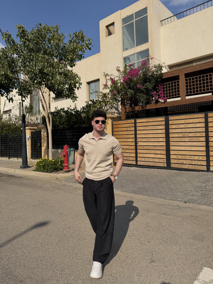 Open Collar Knit Polo - Beige {pre-order}
