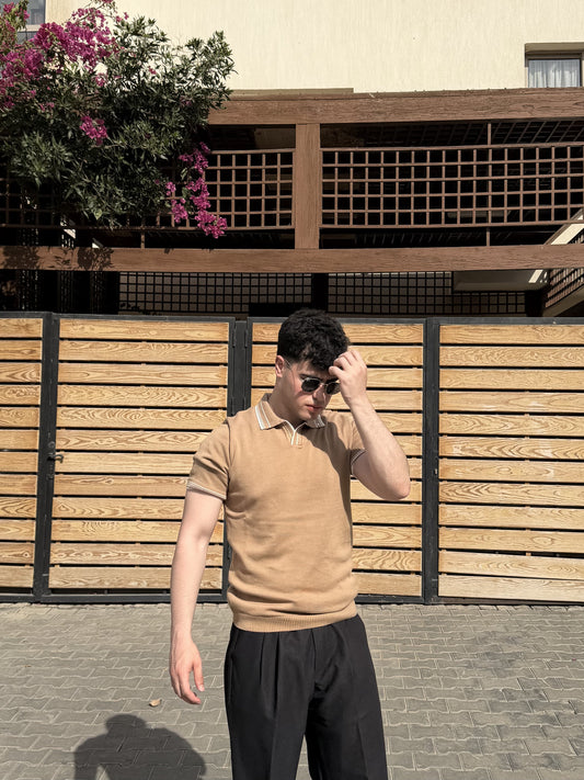 Tipped Open Collar Knit Polo - Camel
