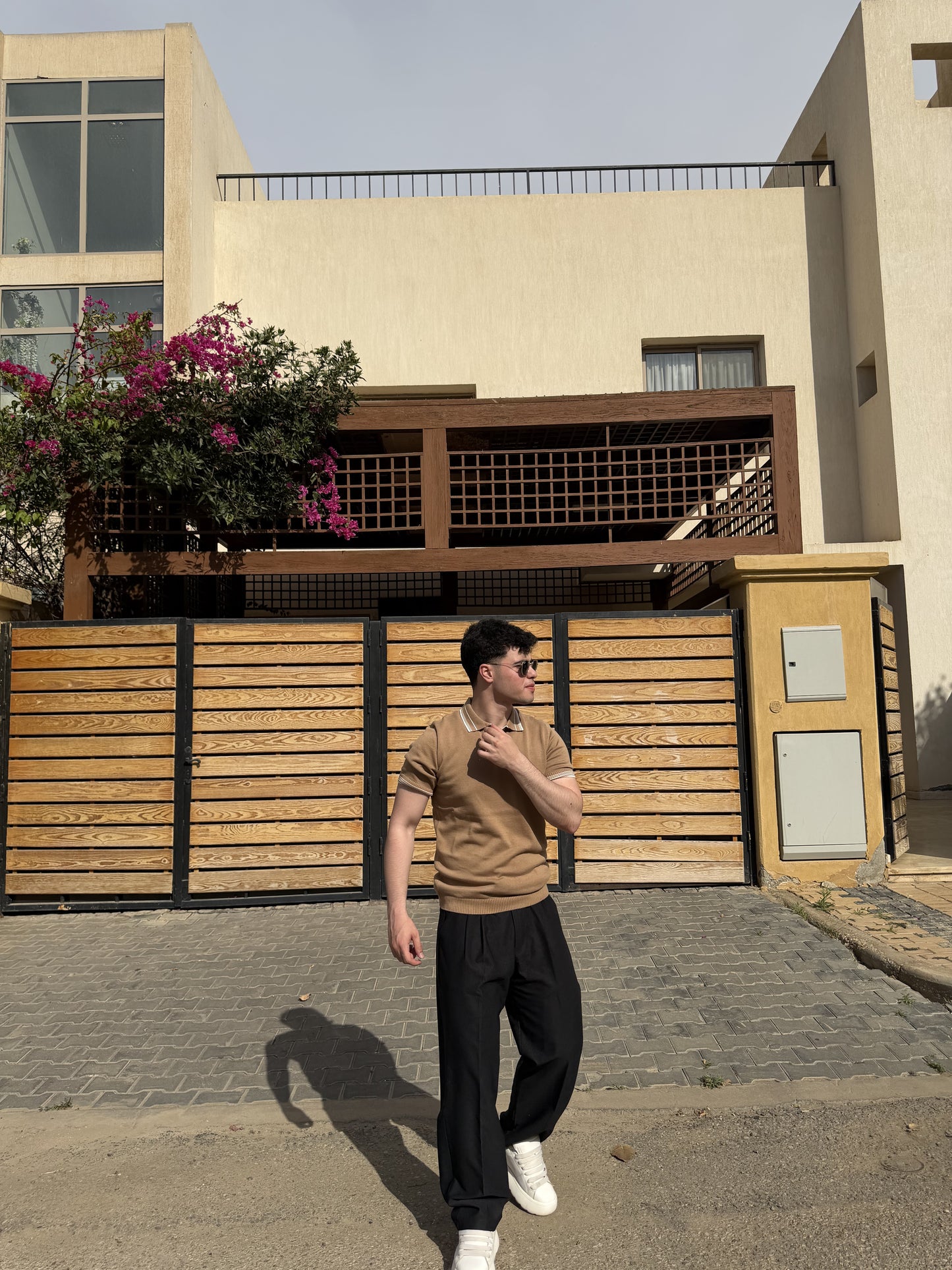 Tipped Open Collar Knit Polo - Camel
