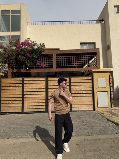 Tipped Open Collar Knit Polo - Camel
