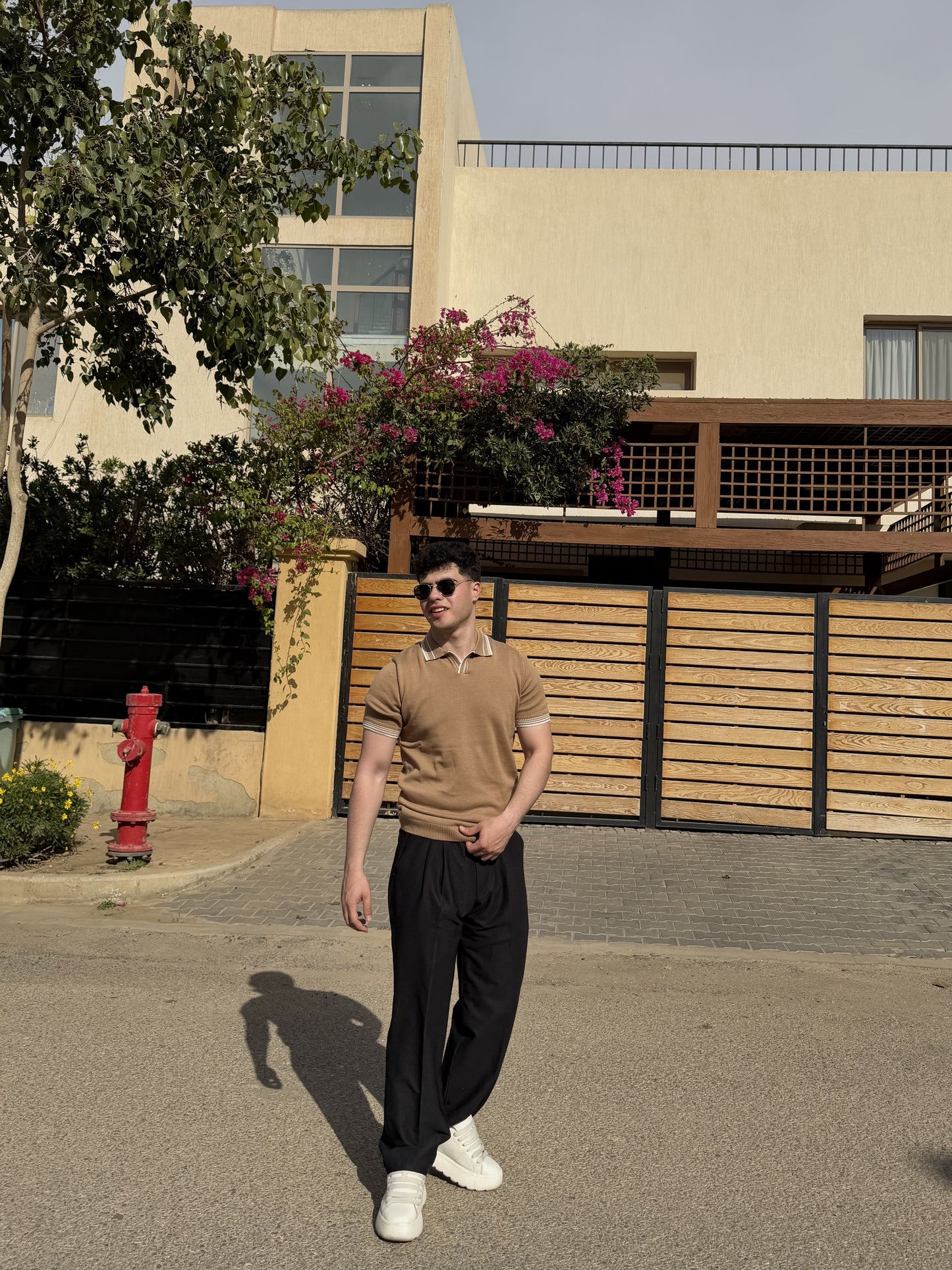 Tipped Open Collar Knit Polo - Camel
