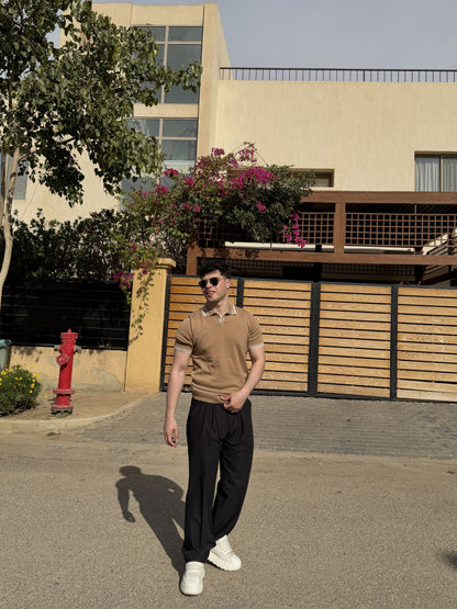 Tipped Open Collar Knit Polo - Camel