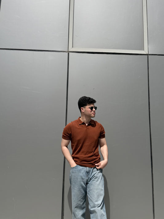 Open Collar Knit Polo - Rust