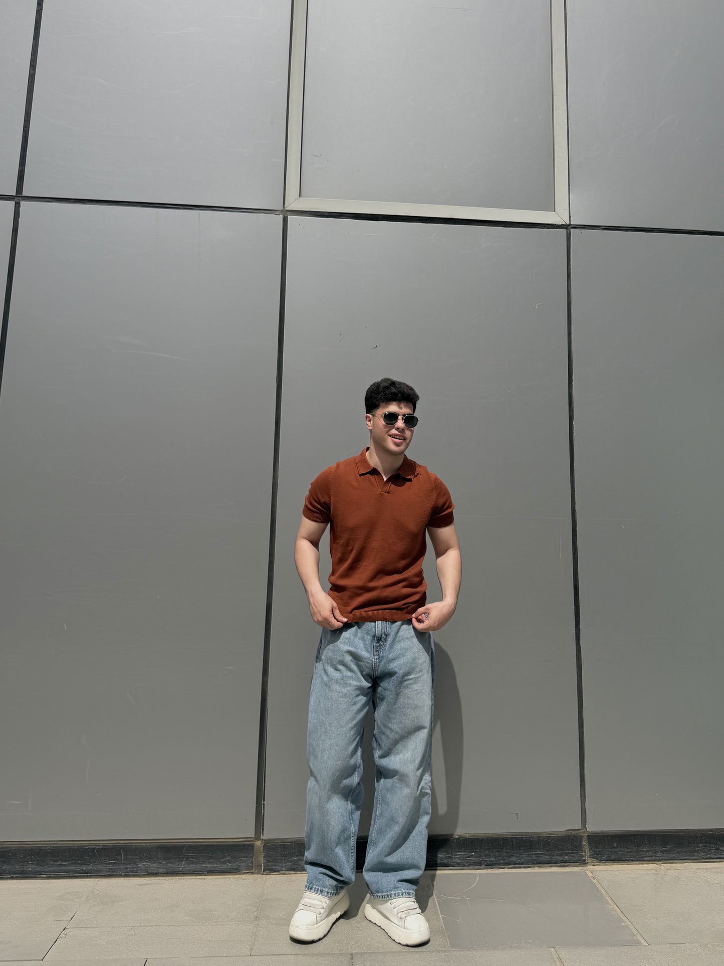 Open Collar Knit Polo - Rust
