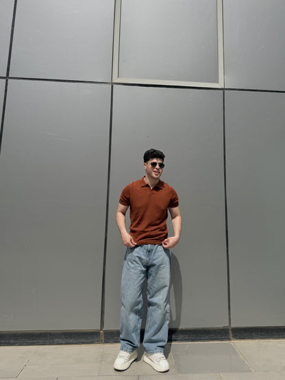 Open Collar Knit Polo - Rust