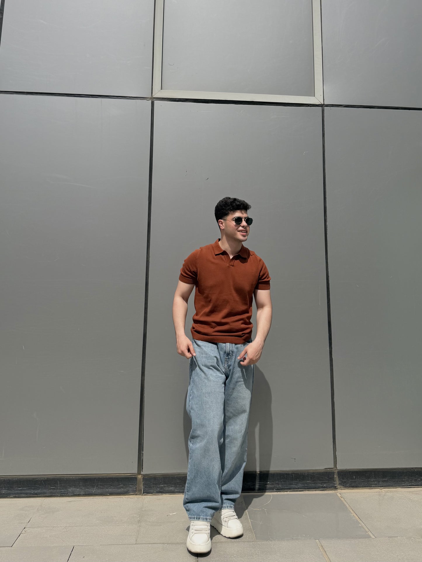 Open Collar Knit Polo - Rust
