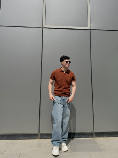 Open Collar Knit Polo - Rust