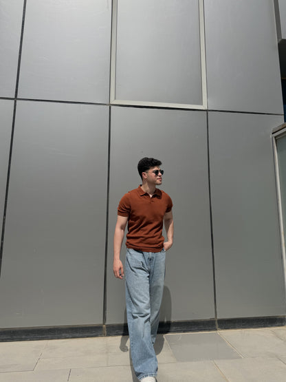 Open Collar Knit Polo - Rust