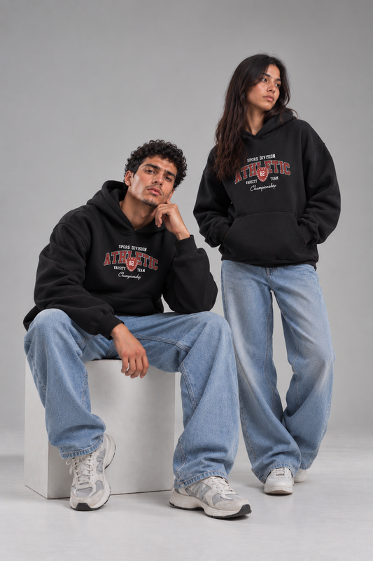 Black “ATHLETIC Varsity” Printed Oversized Hoodie